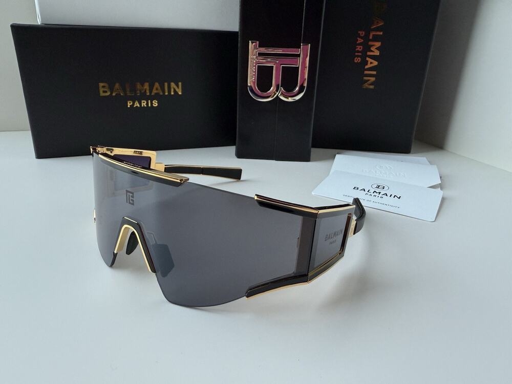 BALMAIN FLECHE BPS-138-A Yellow Gold Black Dark Grey Shield Sunglasses AUTHENTIC